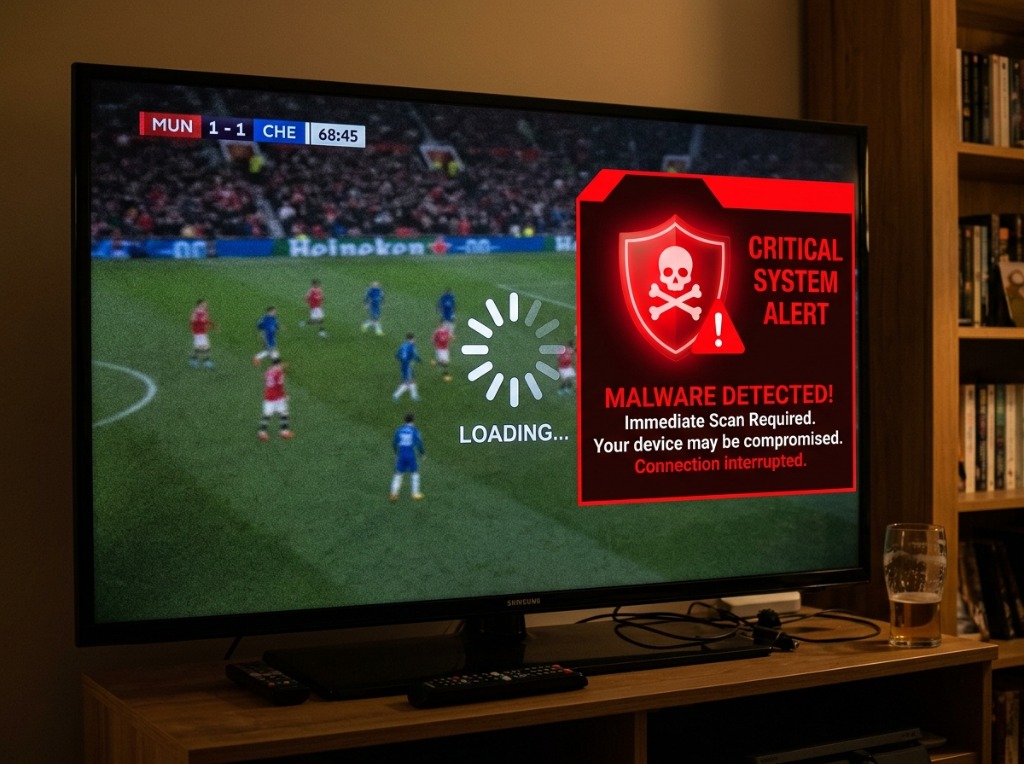 Écran de télévision affichant un chargement infini pendant un match avec une alerte rouge de virus