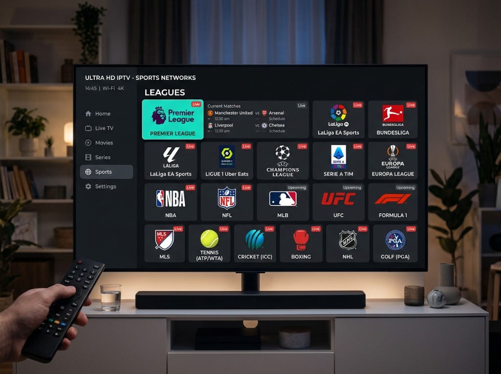 Interface unifiée d'une application IPTV montrant toutes les ligues de football au même endroit