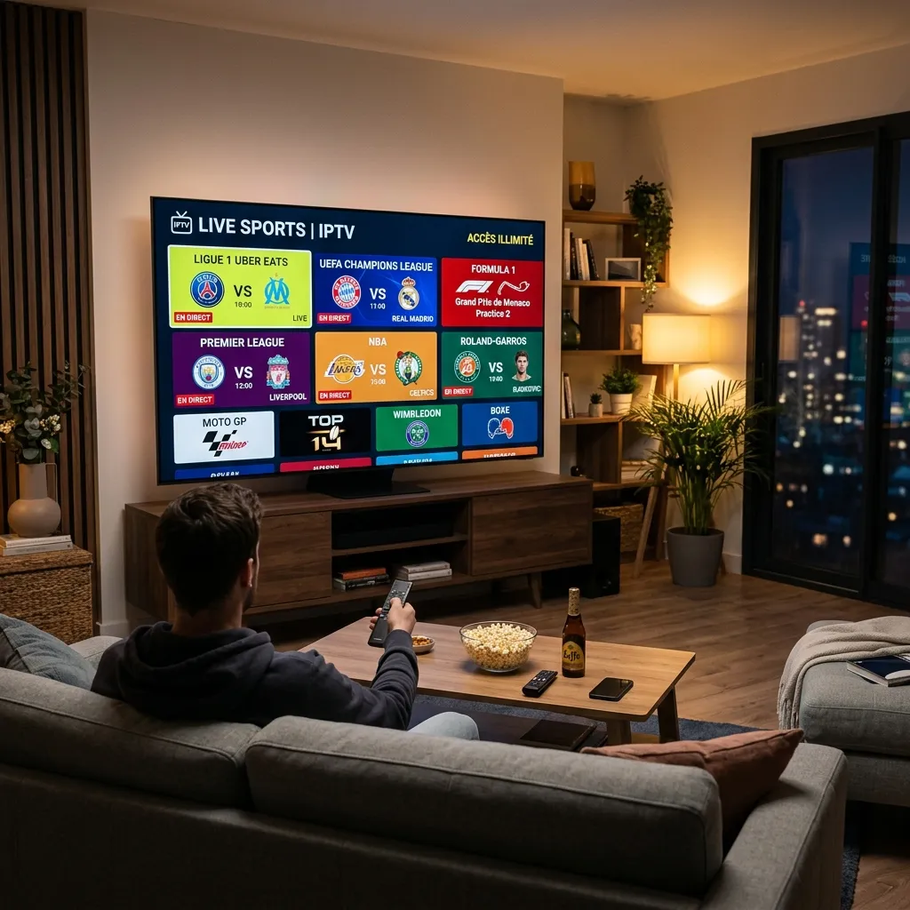 Un salon moderne avec une Smart TV affichant un menu IPTV avec de multiples logos de sport