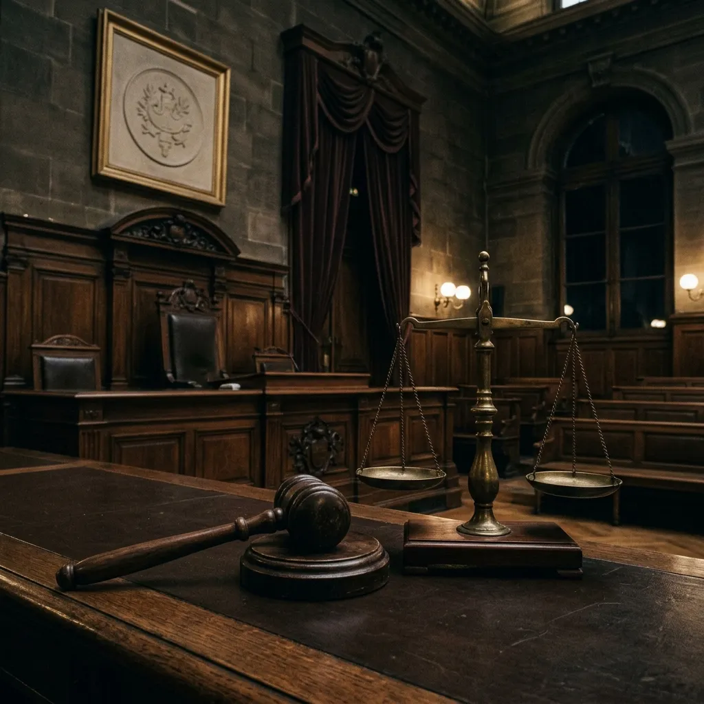 Salle d'audience d'un tribunal français, balance de la justice et marteau posés sur le bureau