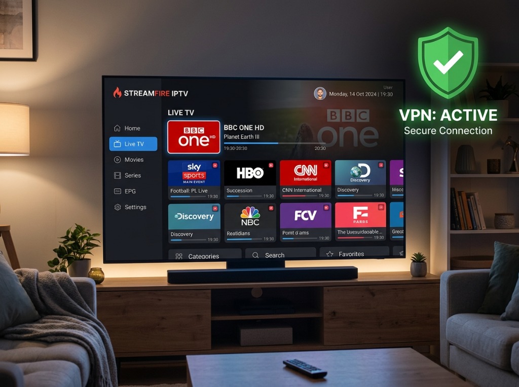 Interface d'une application IPTV avec l'icône d'un VPN actif en forme de bouclier vert