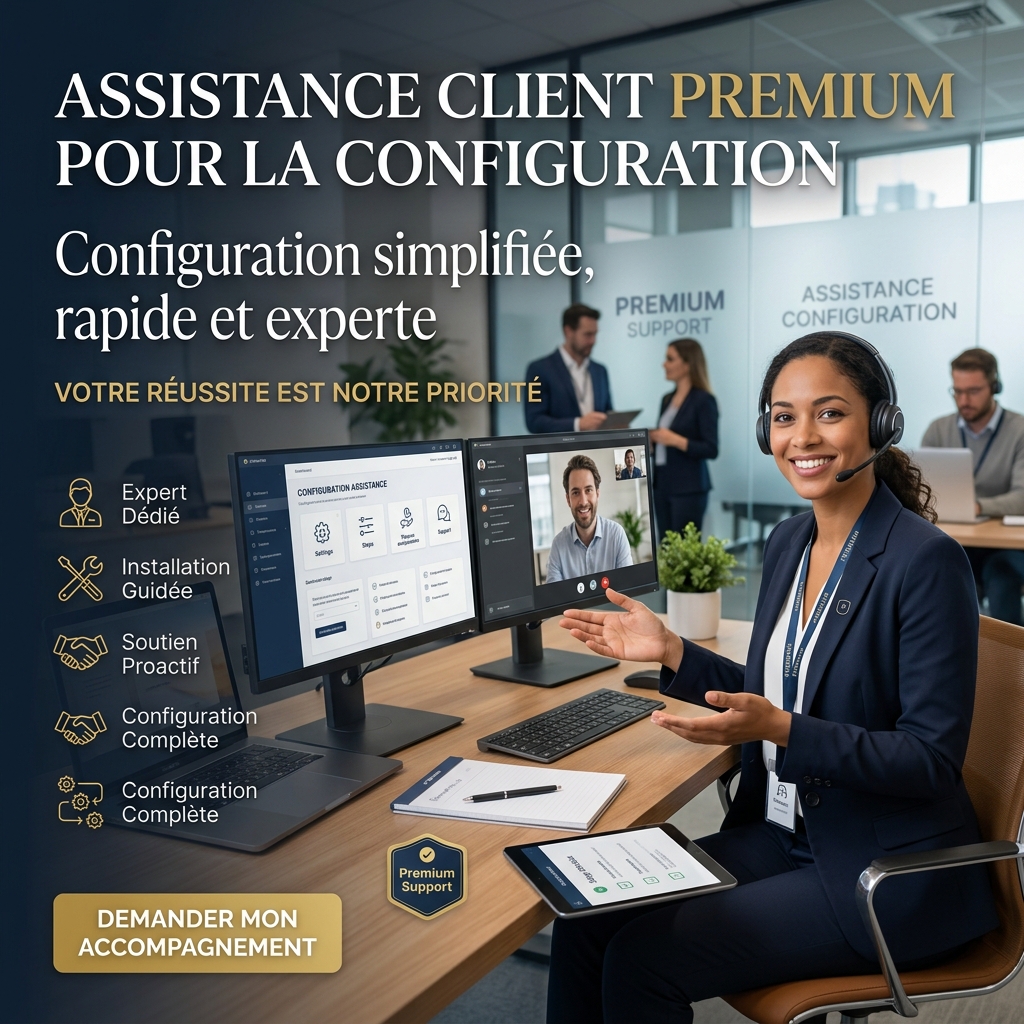 Bannière visuelle représentant une assistance client premium pour une configuration facile et garantie