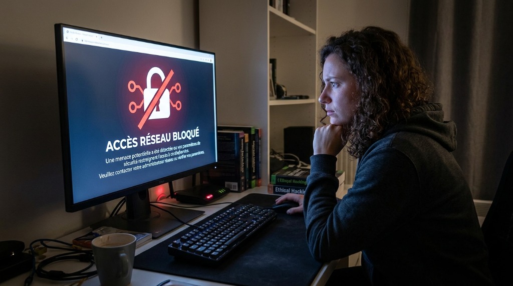Un utilisateur devant un écran de télévision affichant un symbole de sécurité et de blocage réseau Arcom