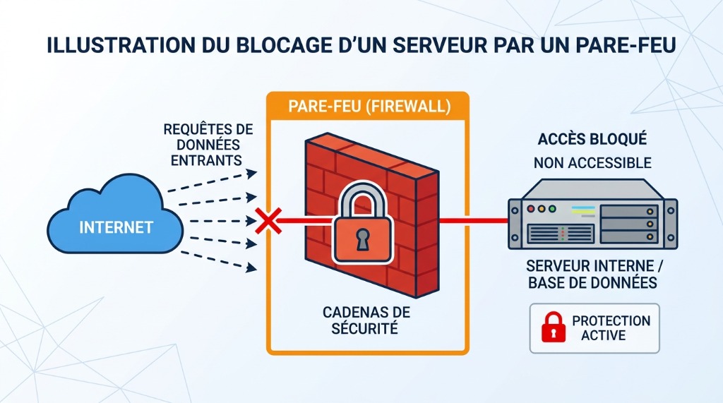 Schéma simplifié ou illustration d un serveur internet bloqué par un pare-feu ou un cadenas