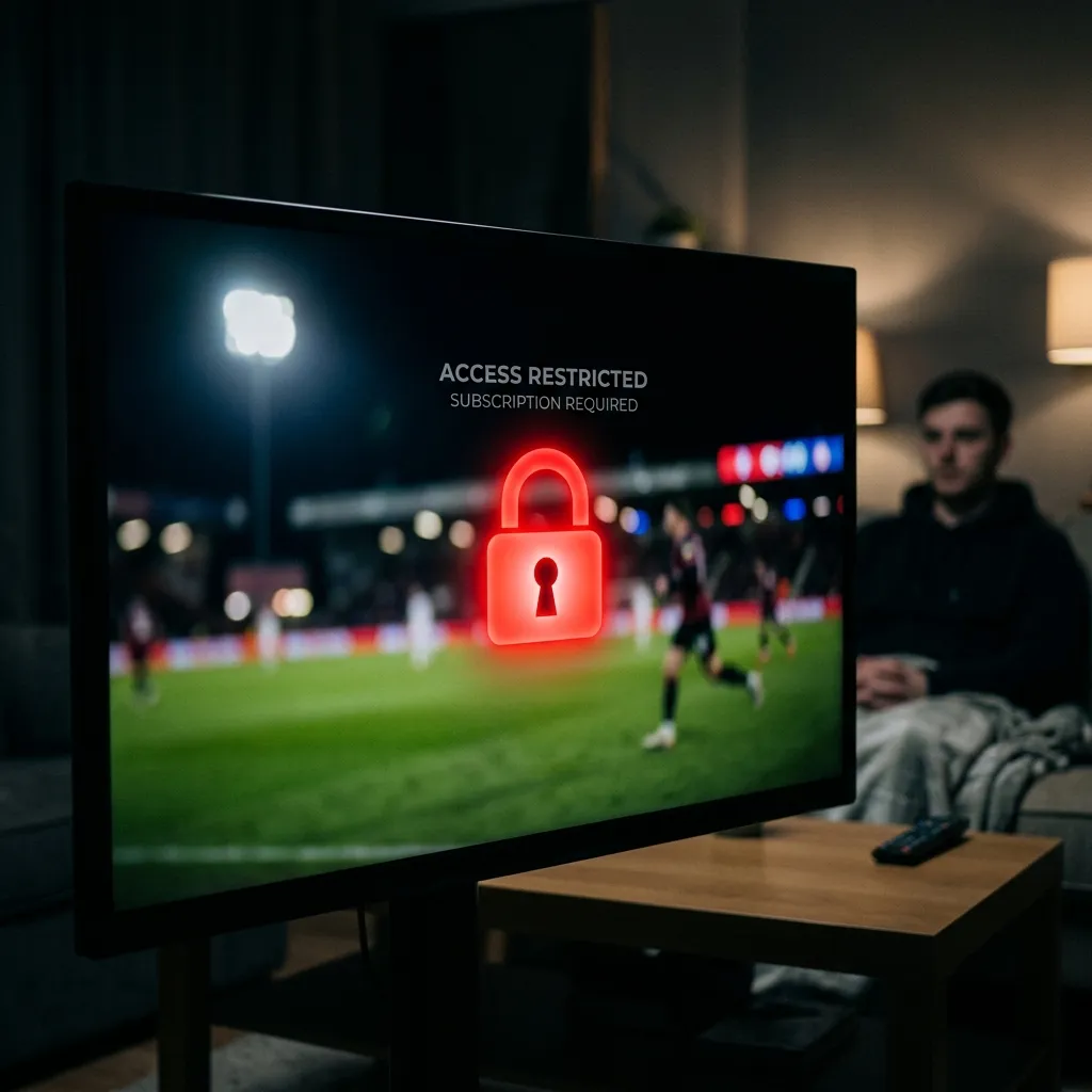 Écran de télévision affichant un cadenas rouge et un message d'accès restreint pendant un match de football