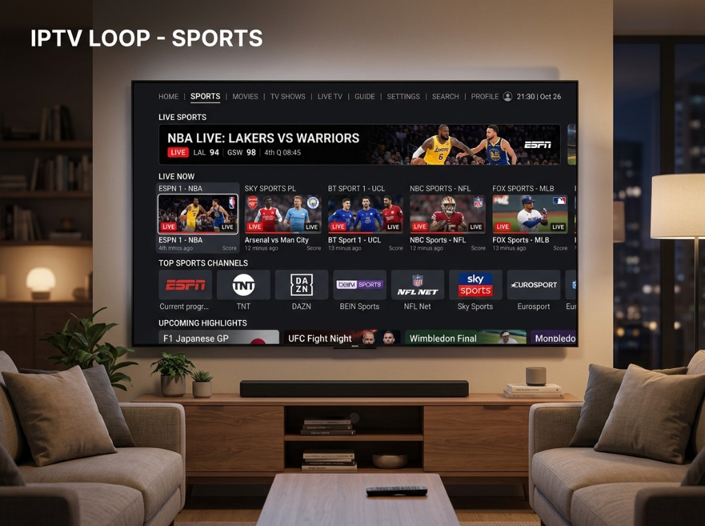 Interface propre et organisée d'une application IPTV affichant de multiples chaînes de sport réunies