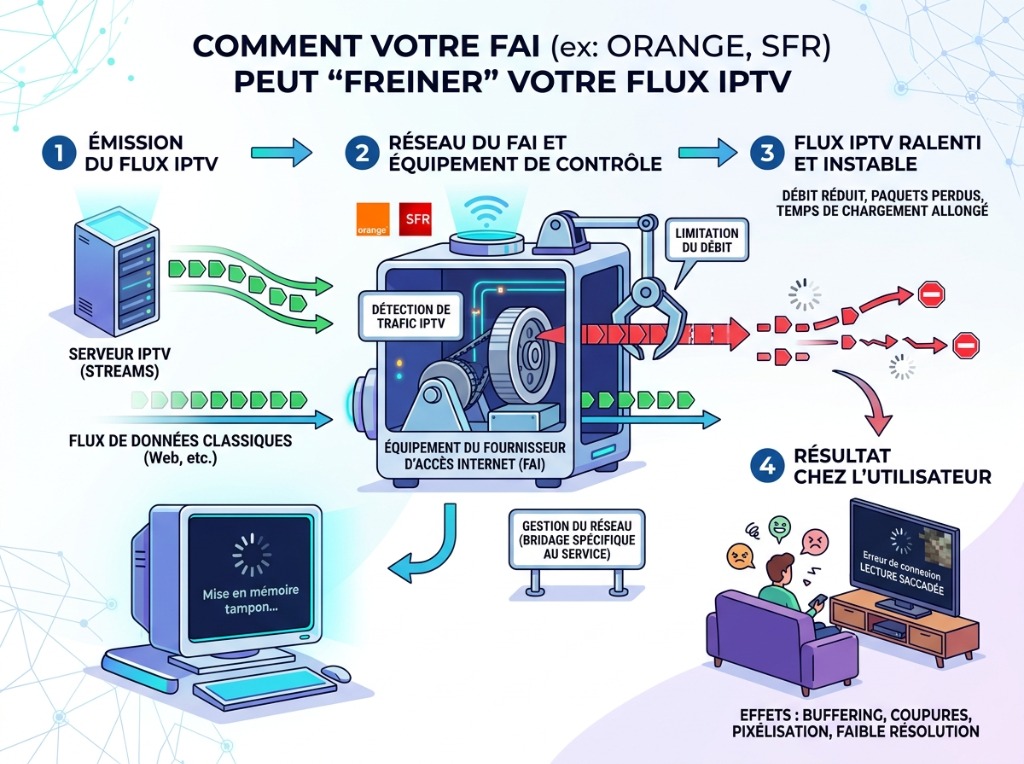 Infographie montrant un FAI comme Orange ou SFR qui applique un frein virtuel sur un flux de données IPTV