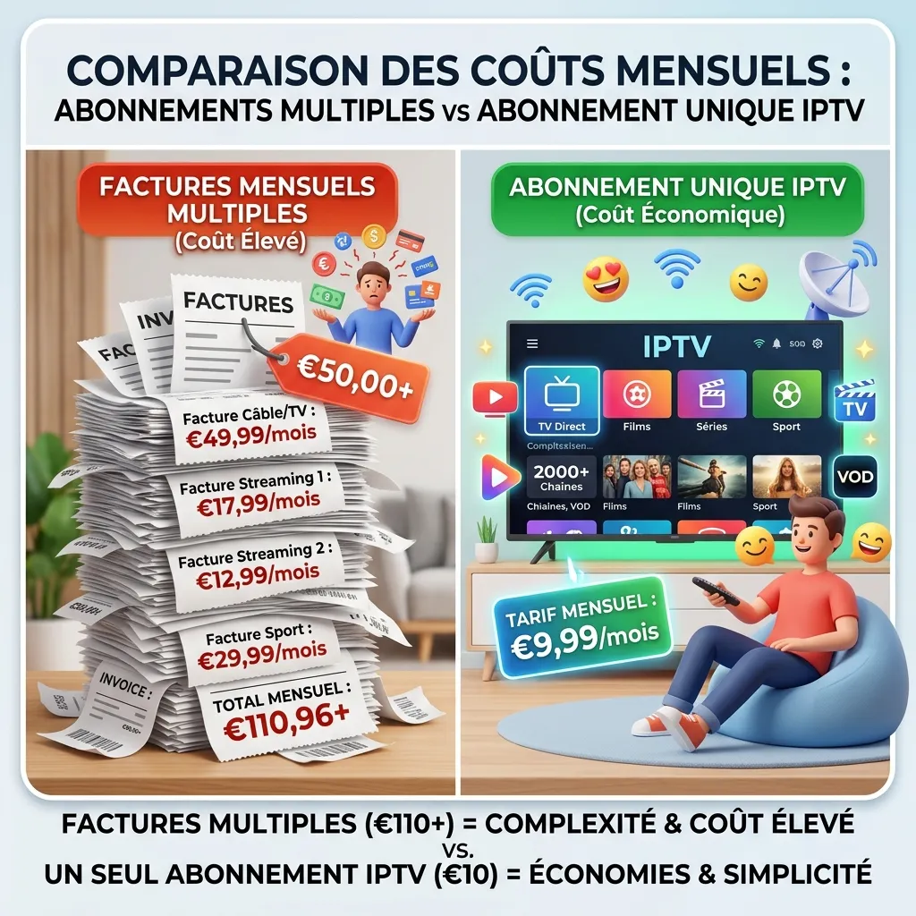 Graphique comparant les factures empilées des abonnements officiels contre l'économie d'un abonnement IPTV unique