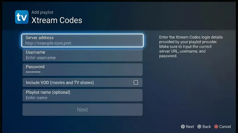 Écran d'ajout de liste de lecture Xtream Codes dans l'application TiviMate