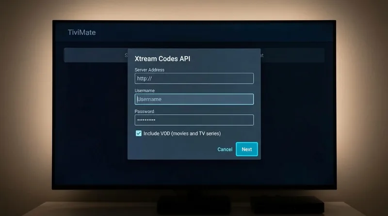Écran de saisie des identifiants Xtream Codes API sur l'application TiviMate