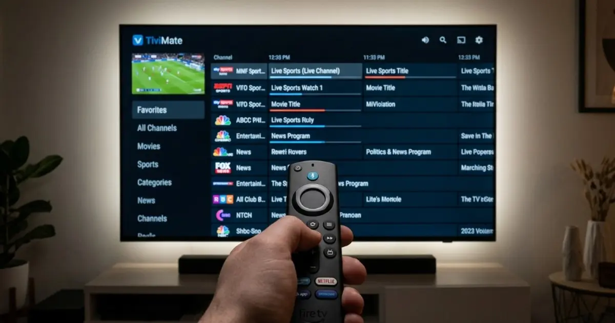 Télécommande Fire TV Stick pointée vers un téléviseur affichant l'interface fluide de TiviMate