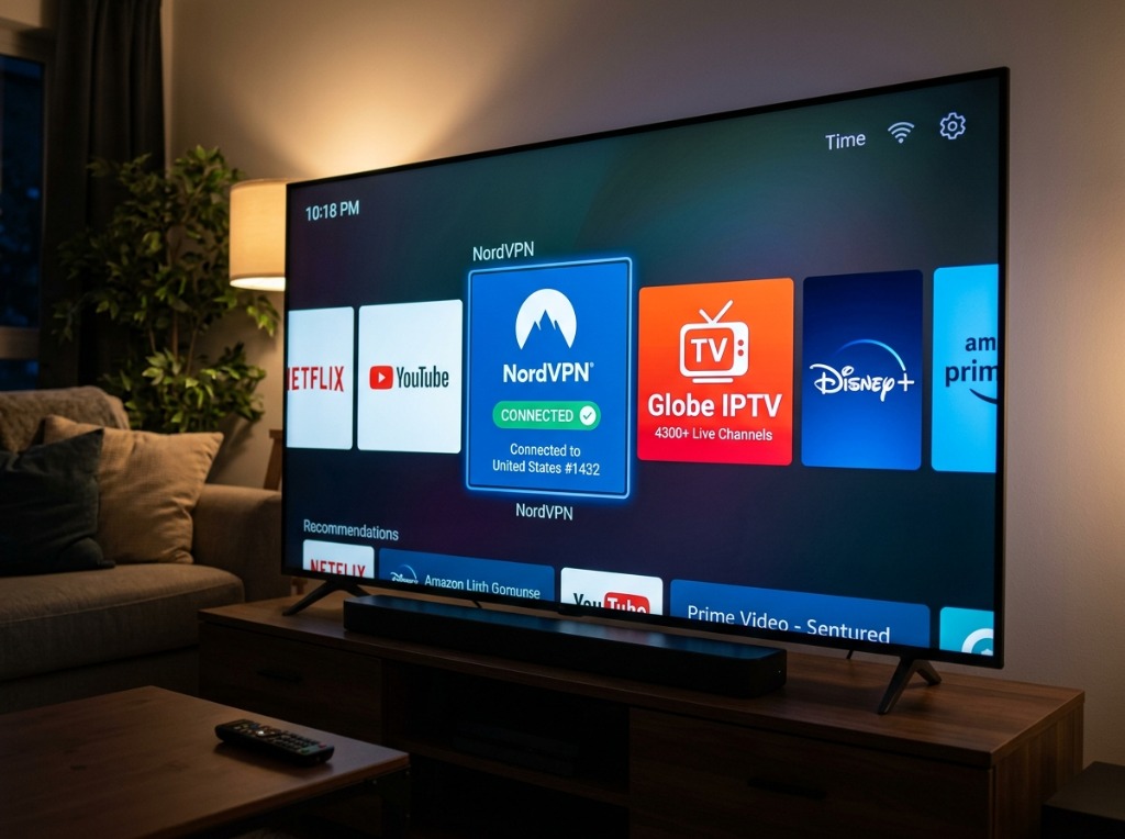 Une télévision affichant l'interface de NordVPN connecté à côté d'une application IPTV