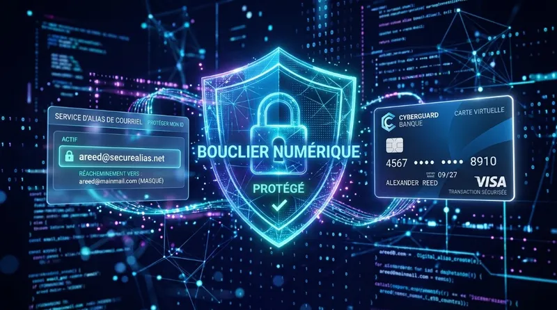 Illustration d'un bouclier numérique intégrant un service d'alias d'email et une carte bancaire virtuelle protégée