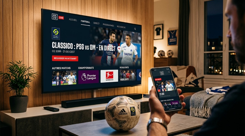 Un visuel stylisé représentant l application DAZN sur une Smart TV ou un smartphone, avec un ballon de foot