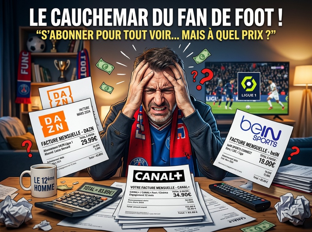 Un fan de football frustré entouré de factures onéreuses de DAZN, Canal+ et beIN Sports