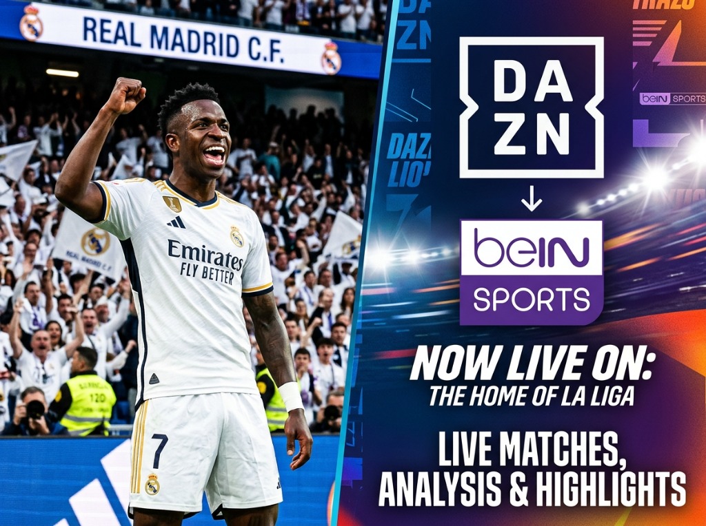 Joueur du Real Madrid avec les logos de DAZN et beIN Sports illustrant le changement de droits TV
