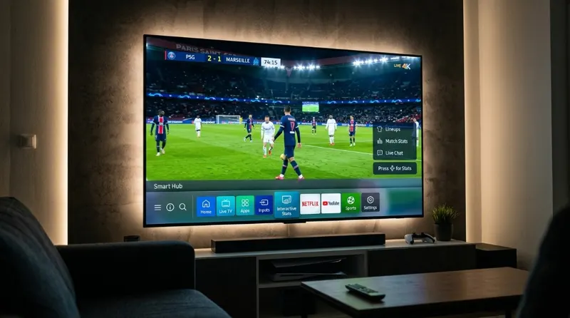 Interface de streaming sportif affichant le direct du PSG sur une Smart TV moderne