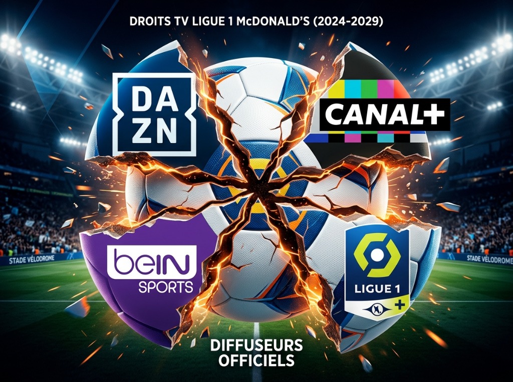 Graphique illustrant les différents logos des diffuseurs (Ligue 1+, DAZN, Canal+, beIN) divisant un ballon de foot