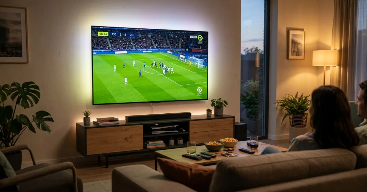 Diffusion d'un match de Ligue 1 en direct sur grand écran Smart TV dans un salon moderne