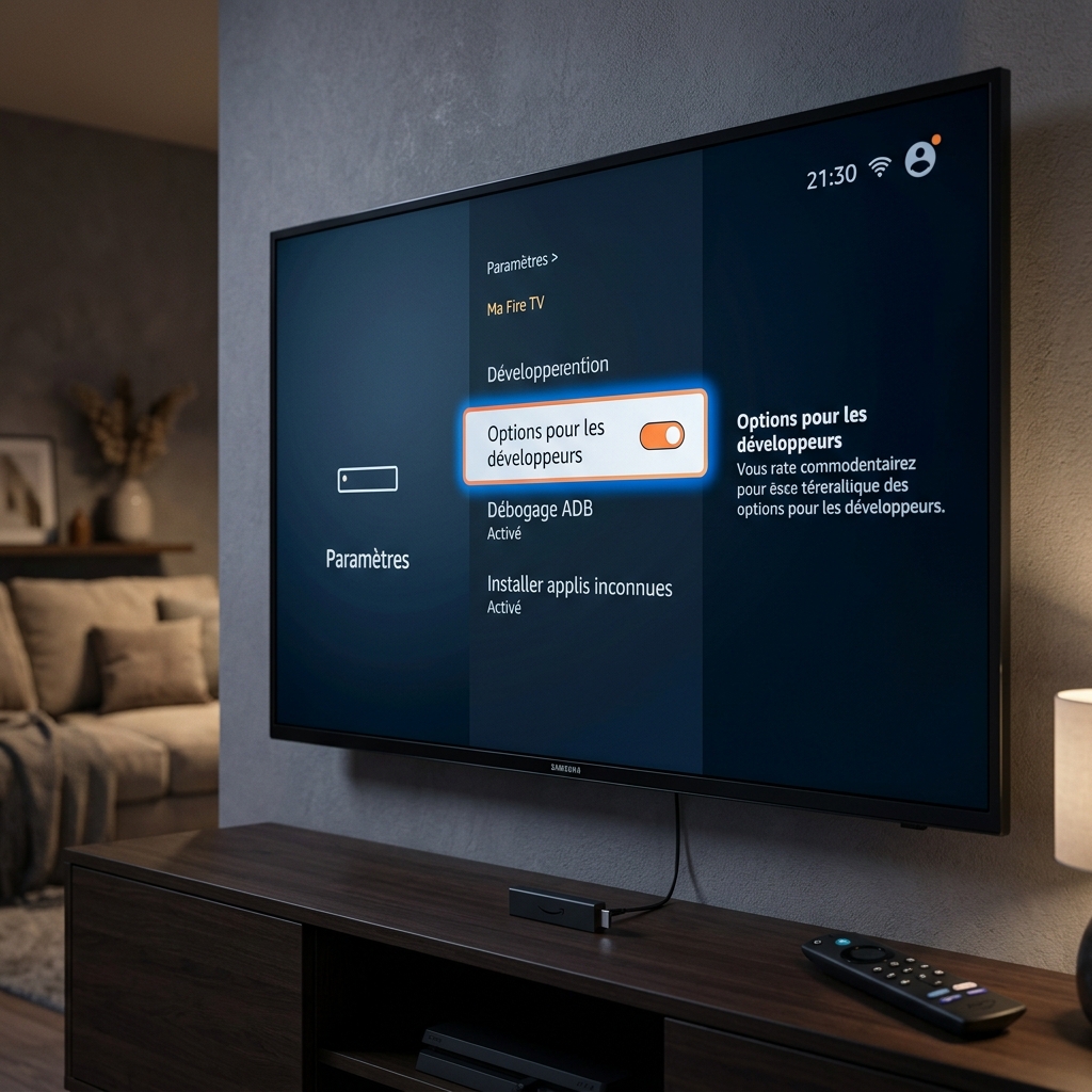 Capture d'écran du menu Fire TV montrant l'activation des Options pour les développeurs