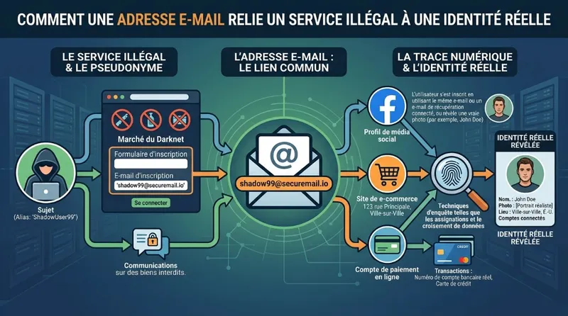 Schéma illustrant comment une simple adresse email relie un service tiers à une identité civile réelle