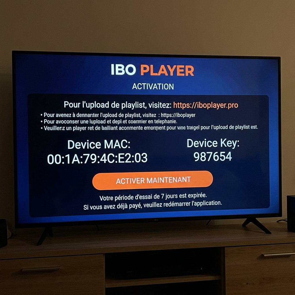 Écran d'activation d'IBO Player montrant l'adresse MAC (Device MAC) et le Device Key pour l'upload de playlist