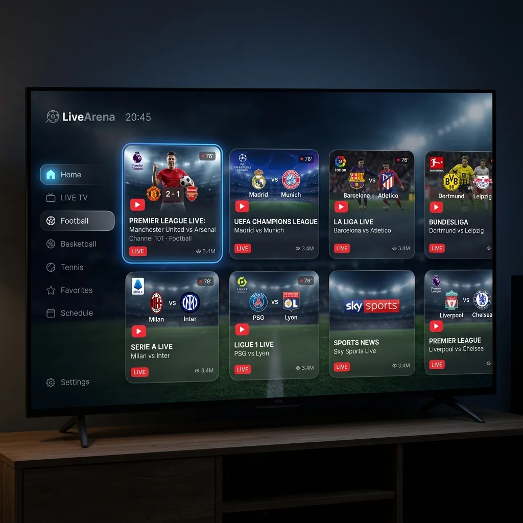 Interface d'application IPTV sport avec chaînes de football en direct