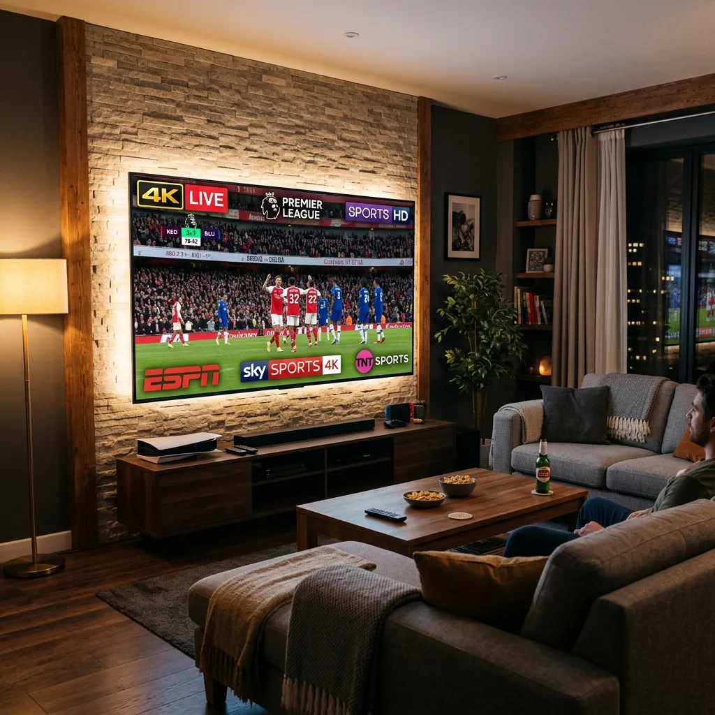 Match de football diffusé en direct sur un écran, vue depuis les tribunes d'un stade éclairé