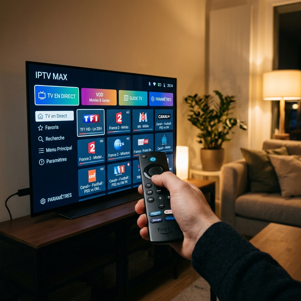 Une télécommande Amazon Fire TV Stick pointée vers une télévision affichant un menu IPTV.