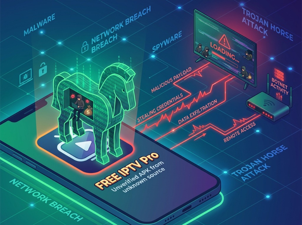 Illustration d'une fausse application IPTV agissant comme un cheval de Troie sur un smartphone