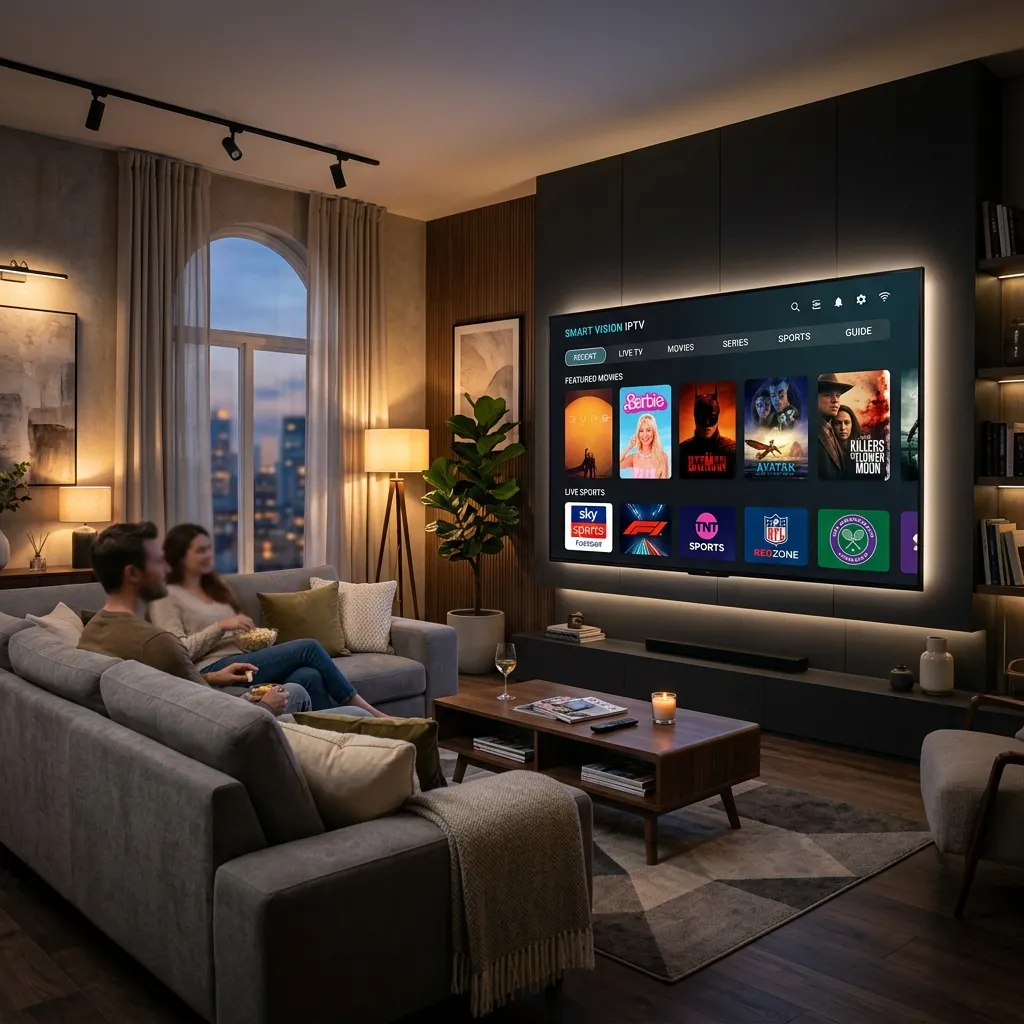 Salon avec une Smart TV affichant l'interface d'un abonnement IPTV et ses affiches de films