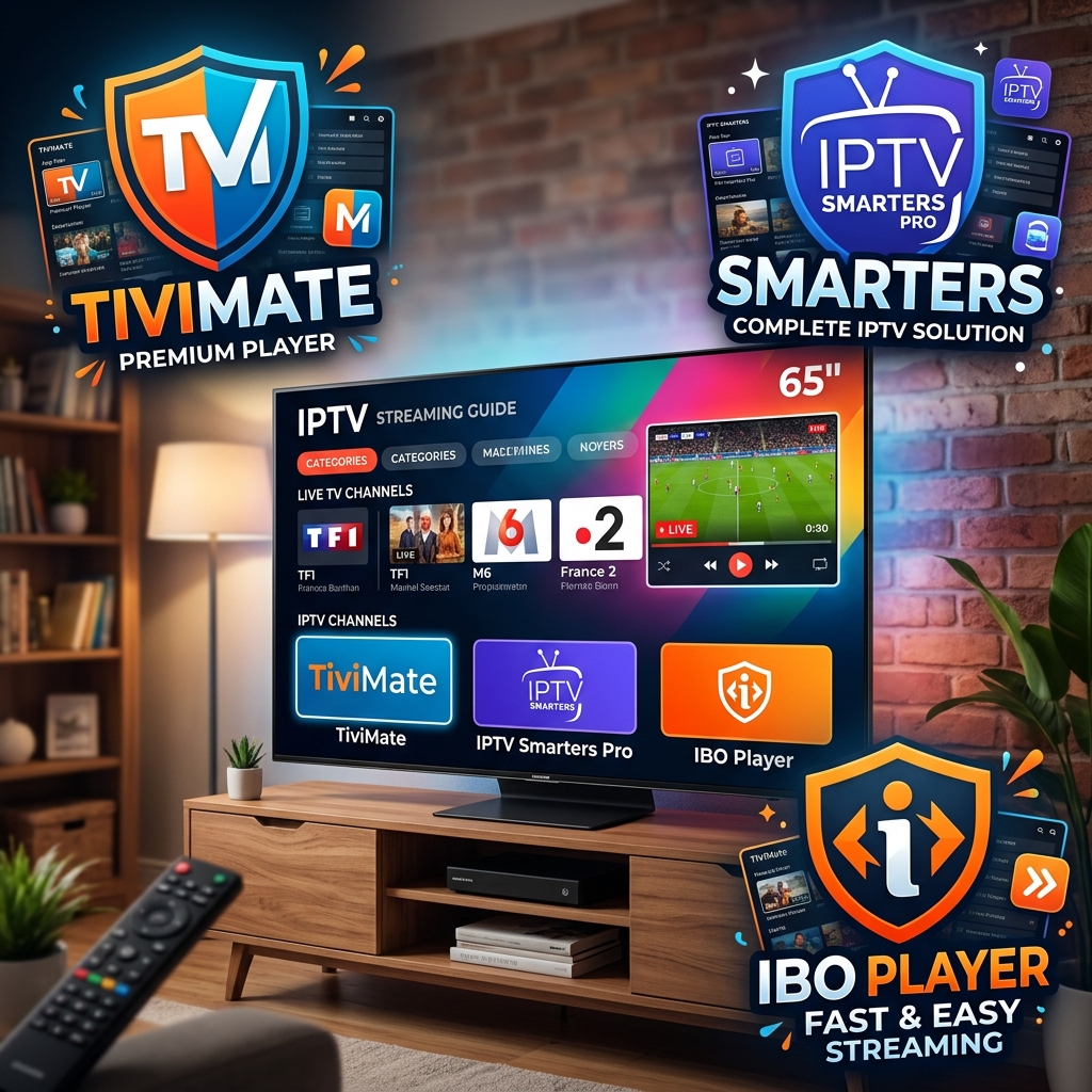 Montage montrant une Smart TV avec les logos de TiviMate, Smarters Pro et IBO Player autour.