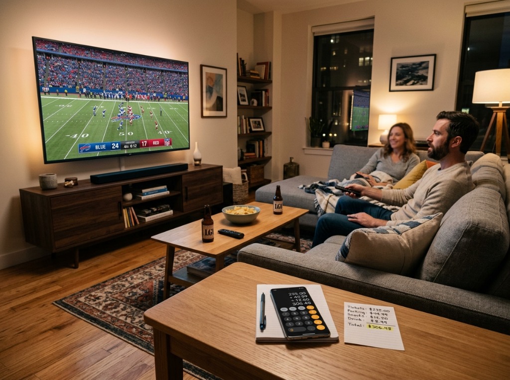 Salon avec télévision diffusant du football et calculatrice affichant le prix total des abonnements