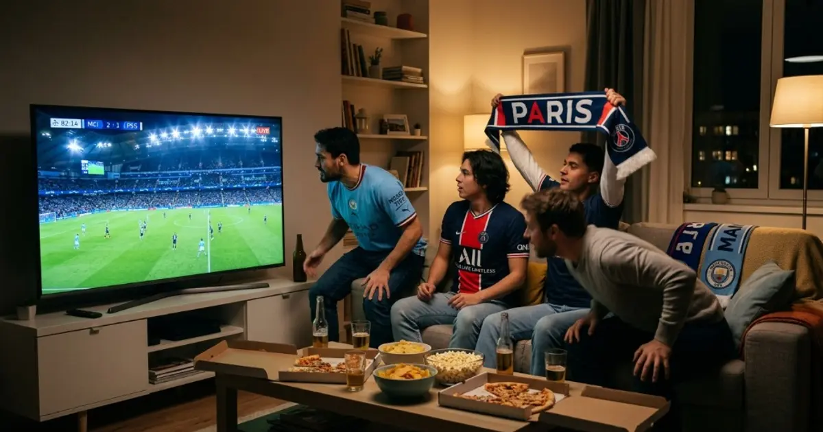 Regarder Manchester City PSG streaming direct sur écran de salon avec ambiance de match européen