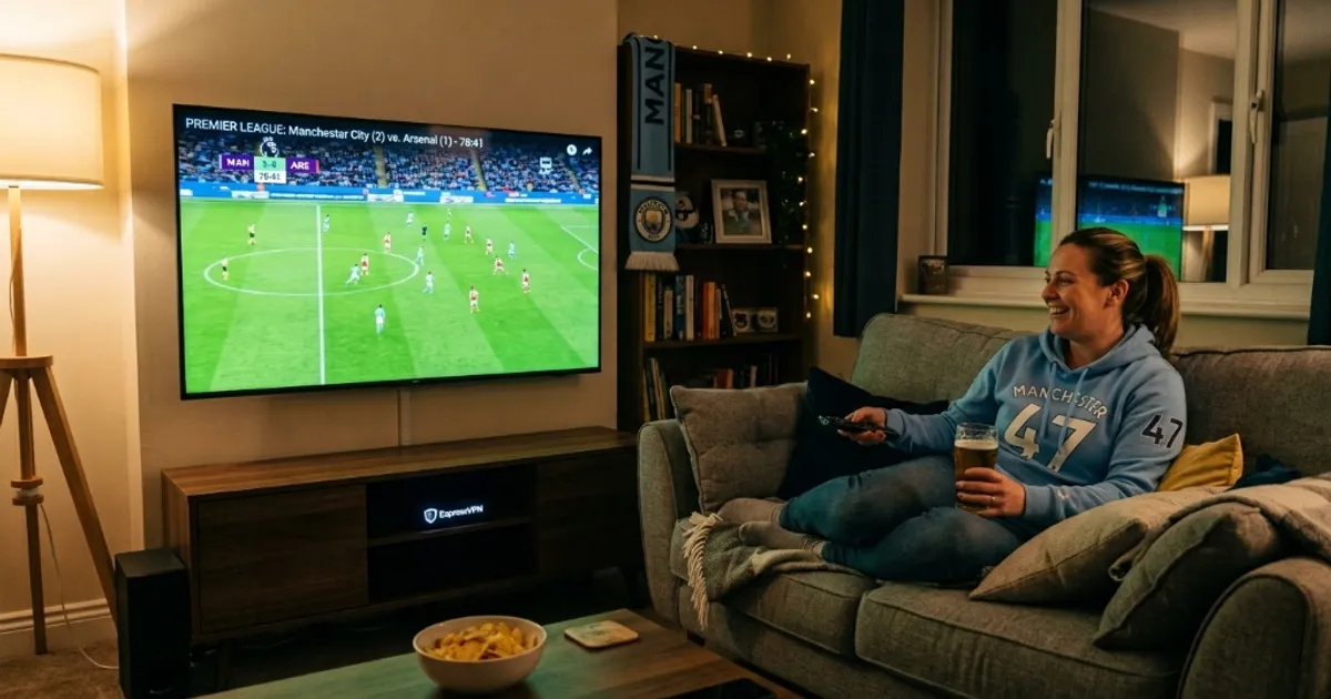 Fan de football détendu devant son écran affichant un match en direct avec un VPN actif