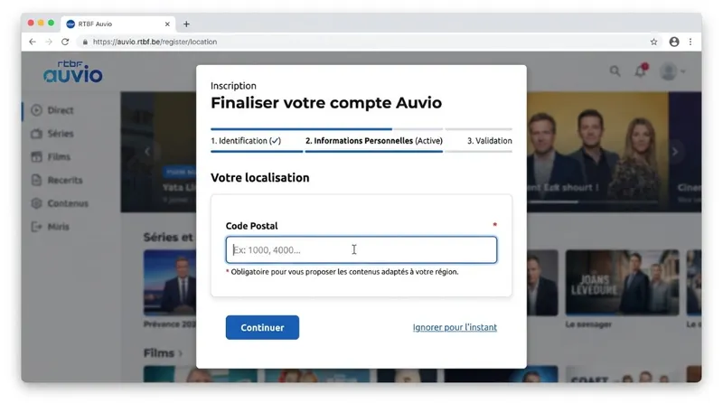 Interface d'inscription RTBF Auvio avec le champ de validation par code postal belge