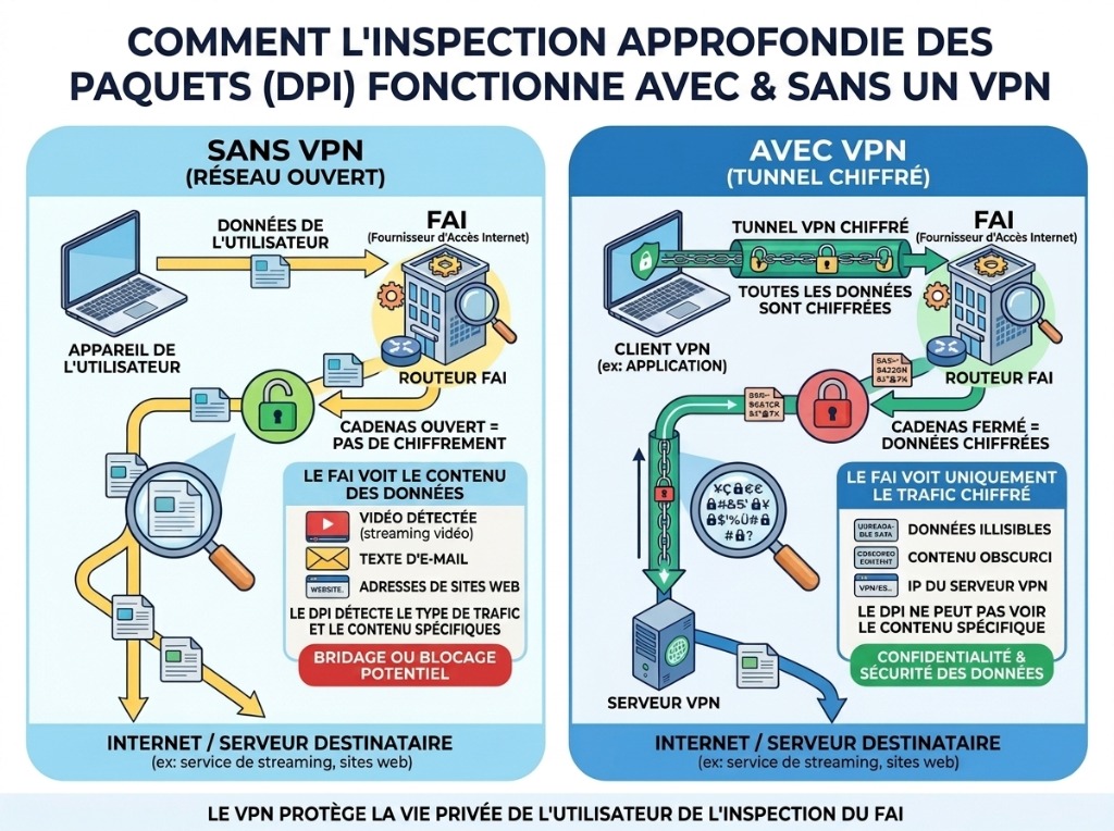 Schéma infographique du Deep Packet Inspection avec et sans VPN