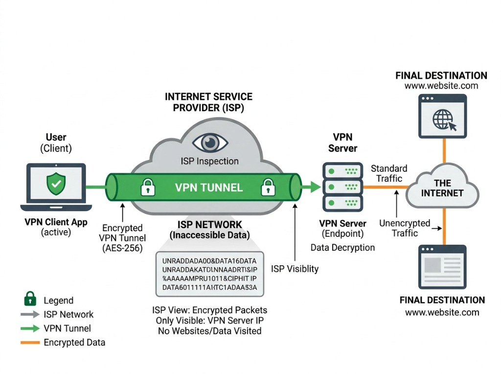 Schéma technique vulgarisé montrant comment un tunnel VPN chiffre les données pour les rendre invisibles au FAI