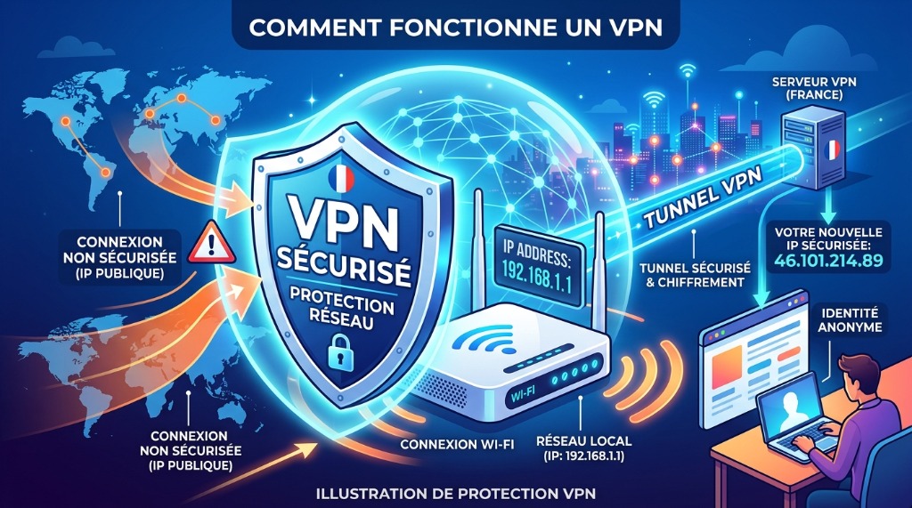 Illustration d un bouclier protégeant un routeur Wi-Fi ou une adresse IP, représentant un VPN