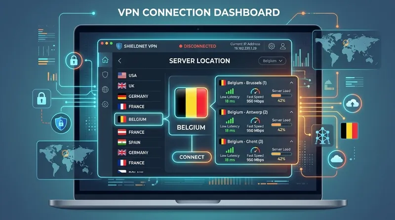 Tableau de bord d'un VPN montrant la connexion à un serveur optimisé en Belgique pour le streaming