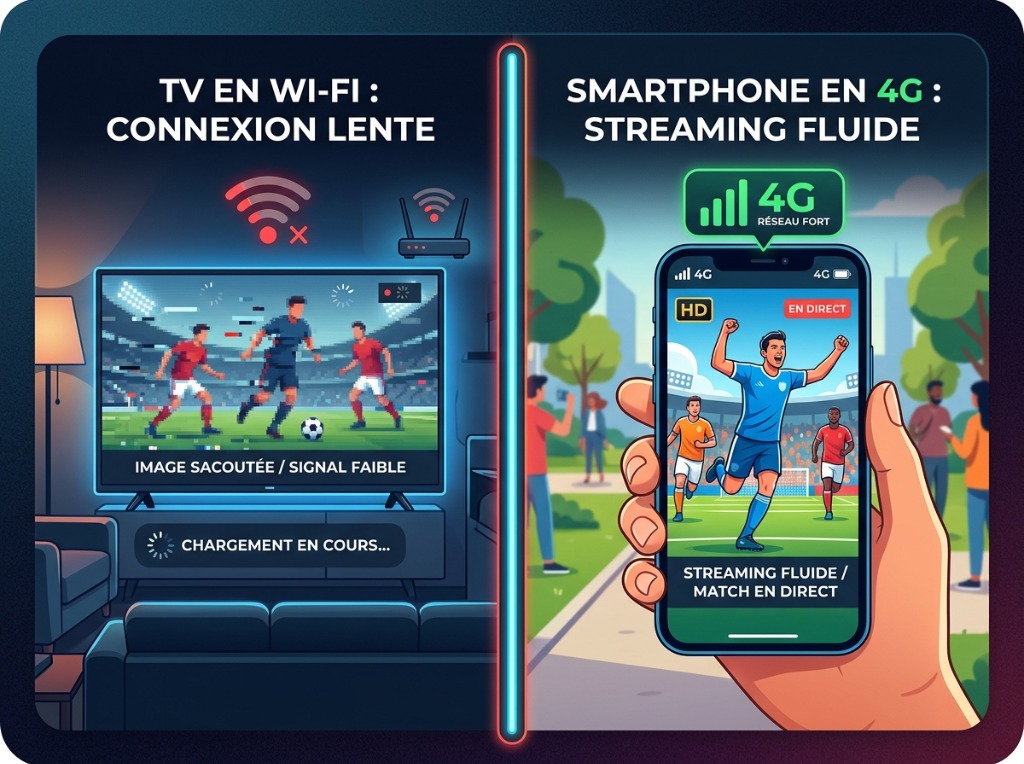 Comparaison d'un écran TV saccadé en Wi-Fi contre un smartphone diffusant de manière fluide en 4G
