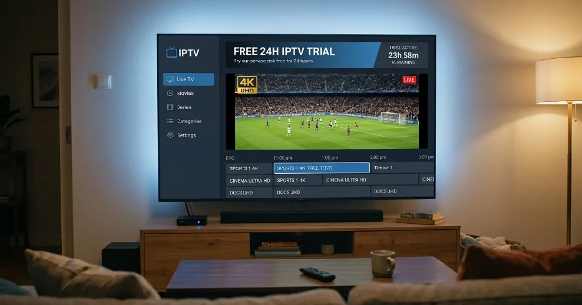 Interface de test IPTV gratuit 24h affichant le direct en 4K sur une Smart TV de salon