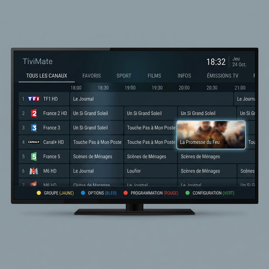 Capture d'écran du guide EPG moderne de TiviMate affichant un menu fluide sur Android TV