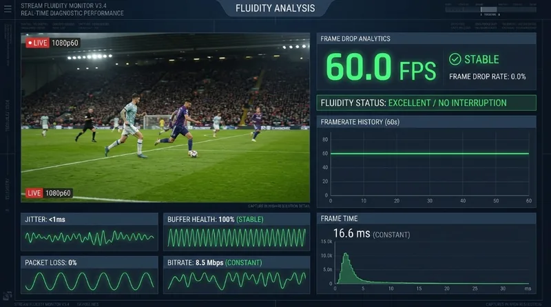 Analyse de fluidité d'un flux streaming sportif montrant une cadence stable à 60 fps sans coupure