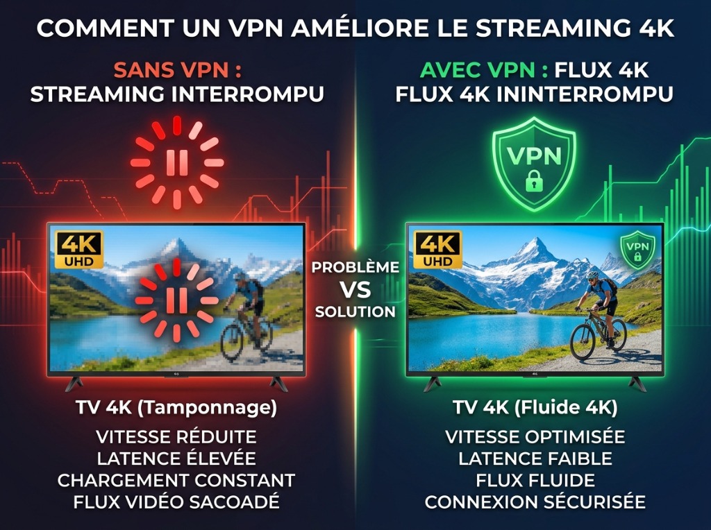 Comparaison entre un écran avec buffering et un écran fluide 4K grâce à un VPN