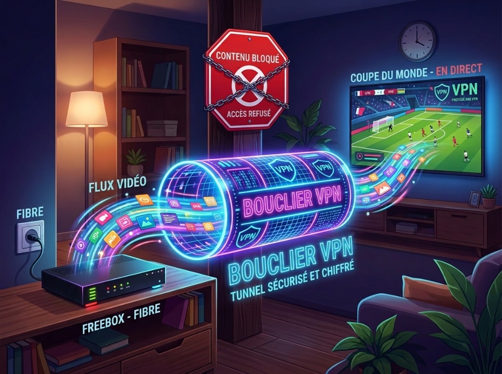 Illustration montrant un flux vidéo protégé par un bouclier VPN échappant au bridage d une box internet