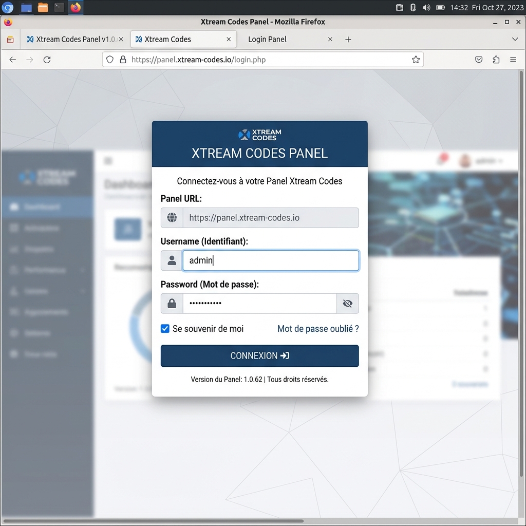 Capture d'écran typique d'une page de connexion Xtream Codes avec Identifiant, Mot de passe et URL